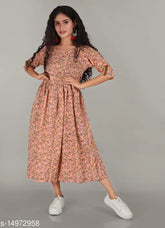 Orange rayon pleated kurti for women, three-quarter sleeves, Indian traditional wear