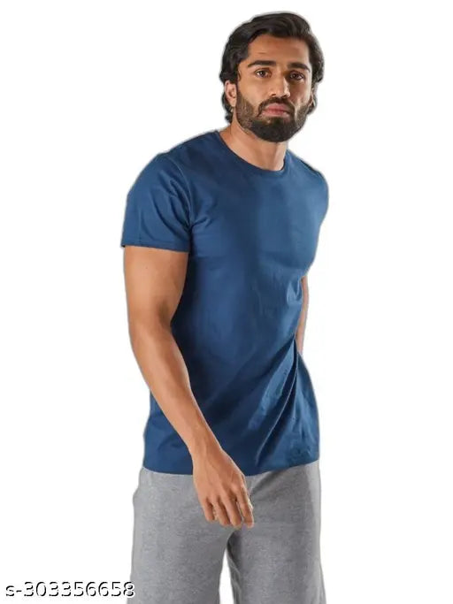 Navy Blue men's polyester short sleeve t-shirt with round neck, solid design in various sizes