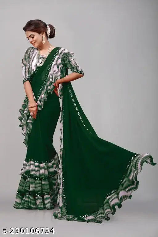 Shibori Print Ruffle Georgette Saree, Indian cotton silk daily wear or party wear in trending style
