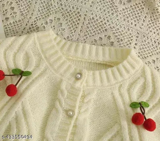 Imported wool cropped cardigan, cream self-design with cherry embellishments, stay cozy this winter