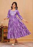 Women's printed viscose rayon A-line top, three-quarter sleeves, dyed/washed combo, India-made fashion piece on hanger