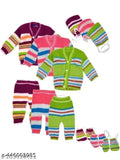 Woolen baby set: Assorted boys and girls sweater pajamas, cap, and botties for 0-3 months, India origin