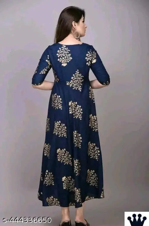 Rayon three-quarter sleeve printed full long gown kurti for women, vibrant Indian pattern