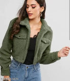 Army green wool teddy fur crop jacket, solid pattern, long sleeves