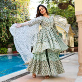 Cotton Vidusha Anarkali Sharara Dupatta set with three-quarter sleeves, printed net pattern. Pack of 3 sizes S, M, L, and XXL for Indian traditional attire