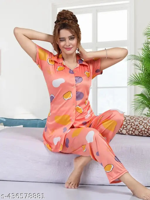 Digital printed satin night dress for women, Sarina design, short sleeves, India-origin