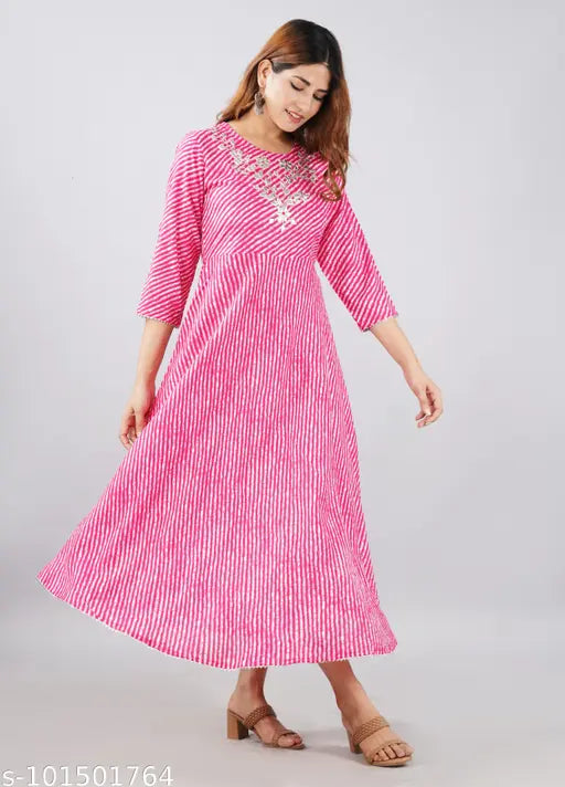 Striped pink rayon Lahariya printed gown with three-quarter sleeves, vibrant Indian-made fashion for women's sizes M-XXL