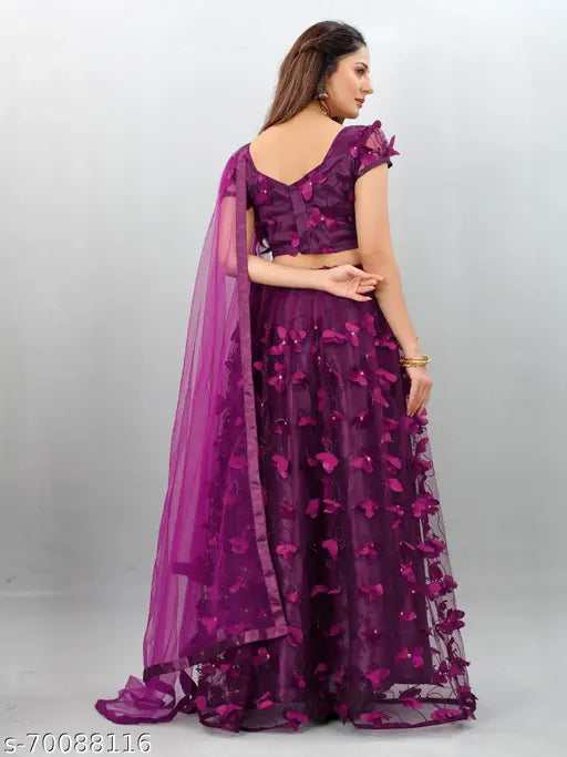 Purple semi-stitched net embroidered Lehenga Choli with quirky dupatta, butterfly over net fabric design, 42 inch waist size