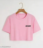 Stylish pink crop cotton t-shirt, short sleeves with printed net pattern. XXS - XL sizes for women, made in India