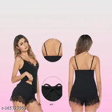 Black nylon babydoll nightsuit with spaghetti strap top and short shorts, solid pattern, free size 28-36 inch, India origin