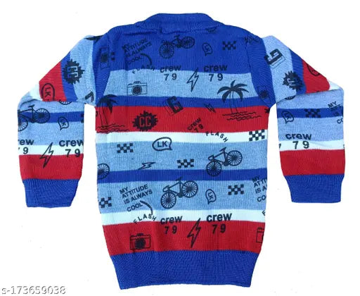 Printed blue-red wool long sleeve children's top, color blocked design