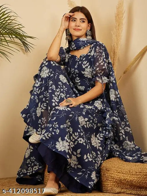 Printed blue organza kurta, stunning design by Stylesh Gwon, full-stitched with flair lining and half sleeves