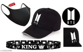 Black BTS sporty cotton cap with metal King bracelet and pollution mask, perfect for men and boys, Indian-made