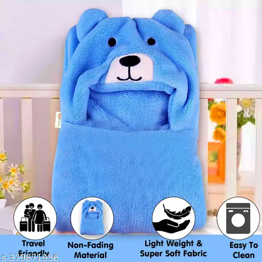 Blue fleece hooded baby blanket with animal design, ideal for newborns during heavy winter. Perfect as a thoughtful gift for new parents. Made in India with high-quality materials and excellent craftsmanship for lasting durability