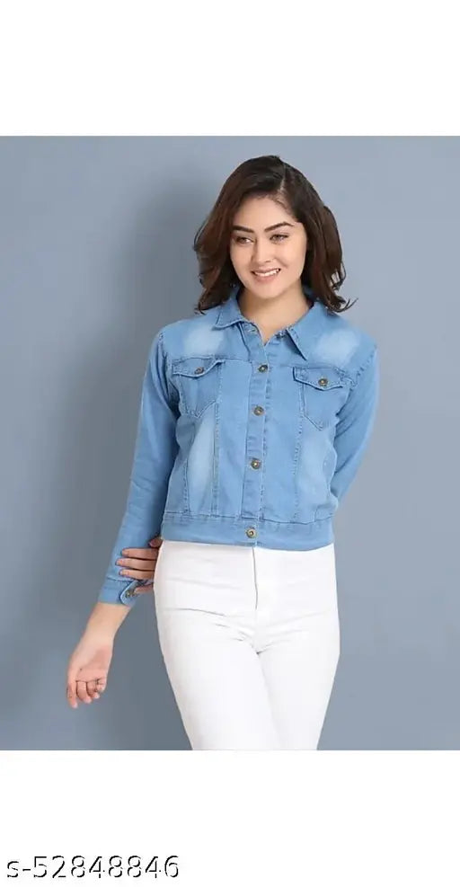 Light blue denim jacket, solid design, long sleeves for women's casual wear, made in India (size S - XL)