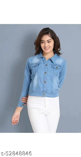Light blue denim women's jacket, solid buttoned design with long sleeves, size S-XL, made in India