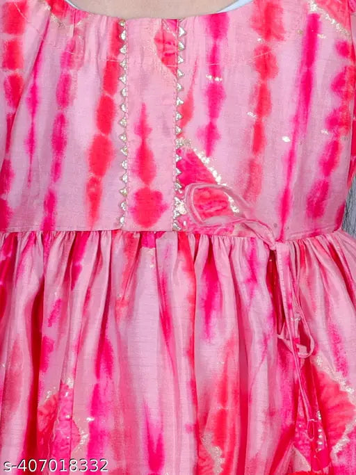 Pink cotton tie-dye girls Anarkali flared kurta & pant set with golden foil print, soft and comfortable for all-day wear. Available in sizes 12-18 months to 9-10 years, made in India