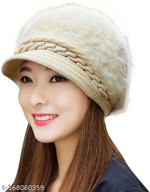 Woolen beanie cap with fur lining & visor, trendy & warm for women's cold weather activities