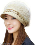 Woolen beanie cap with fur lining & visor, trendy & warm for women's cold weather activities