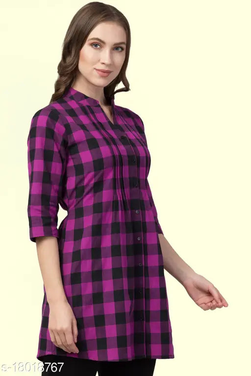 Purple checkered cotton tunic for women with pleats and side belts, India origin