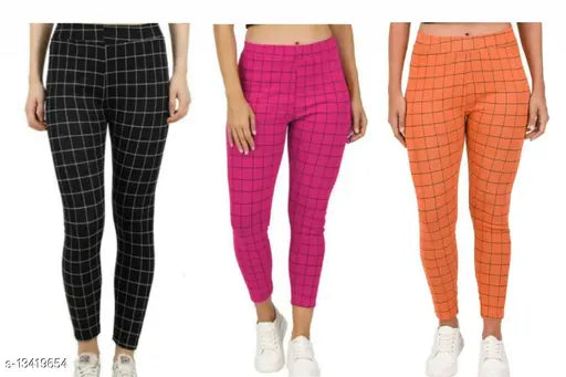 Cotton checked jeggings for women, modern fit - free size (waist 30in, length 37in), Indian origin