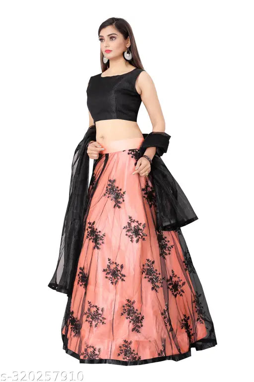 Peach embroidered semi-stitched Lehenga Choli with dupatta, art silk top, net bottom and dupatta. Indian fashion for functions, festivals, parties & weddings