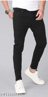 Denim boys jeans, mid-rise solid black, button closure, machine washable, five pockets, made in India. Black denim men's jeans (28, 30, 32, 34 inches)