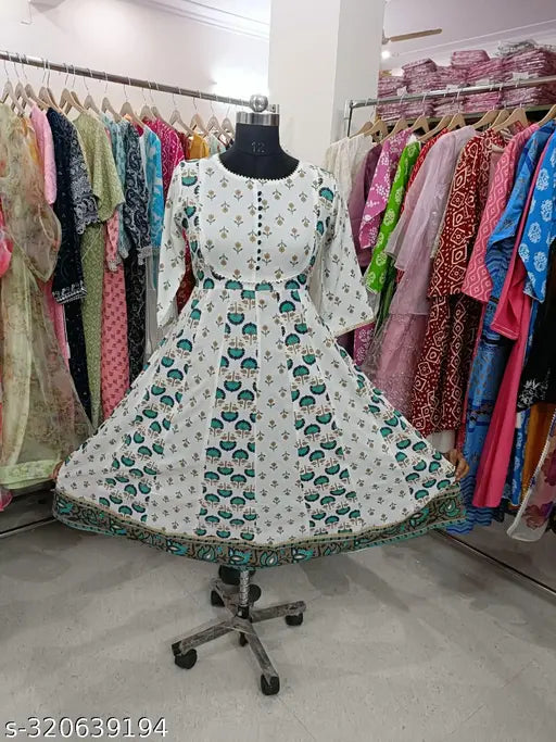 Rayon kali anarkali long kurta, extra size 16, printed combo, three-quarter sleeves on hanger