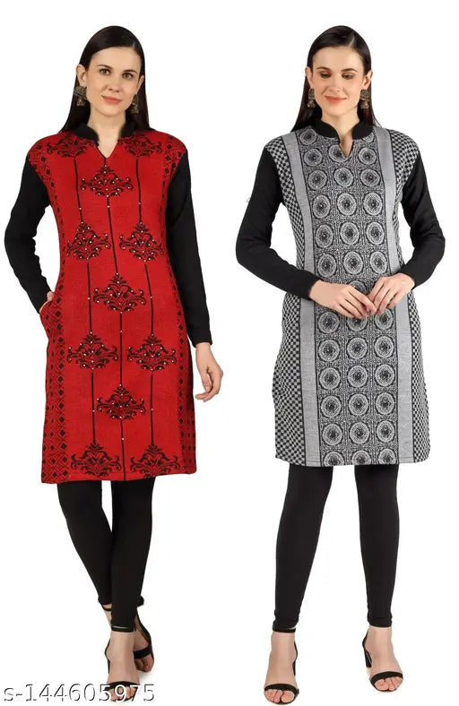 Woolen kurti set (2pcs), self-designed long sleeves, Indian woolen women's fashion