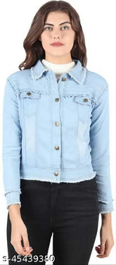 Aqua blue denim jacket & waistcoat for women, solid design with long sleeves and flaps, Indian made