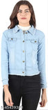 Aqua blue denim jacket & waistcoat for women, solid design with long sleeves and flaps, Indian made