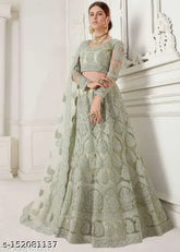 New design embroidered net lehenga-choli and dupatta set, semi-stitched with 44 inch waist and 44 inch length
