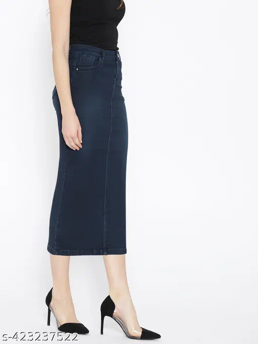 Purple feather-dyed cotton blend denim pencil skirt for women (size 28/30/32/34), calf length style