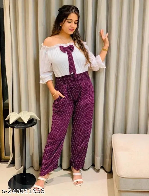 Wine-colored Georgette jumpsuit for women, printed net pattern, three-quarter sleeves
