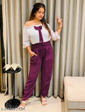 Wine-colored Georgette jumpsuit for women, printed net pattern, three-quarter sleeves