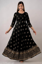 Rayon Gold Printed Black Anarkali Kurta for Office Party Wear, featuring 3/4th sleeves and ethnic gold print design, made in India