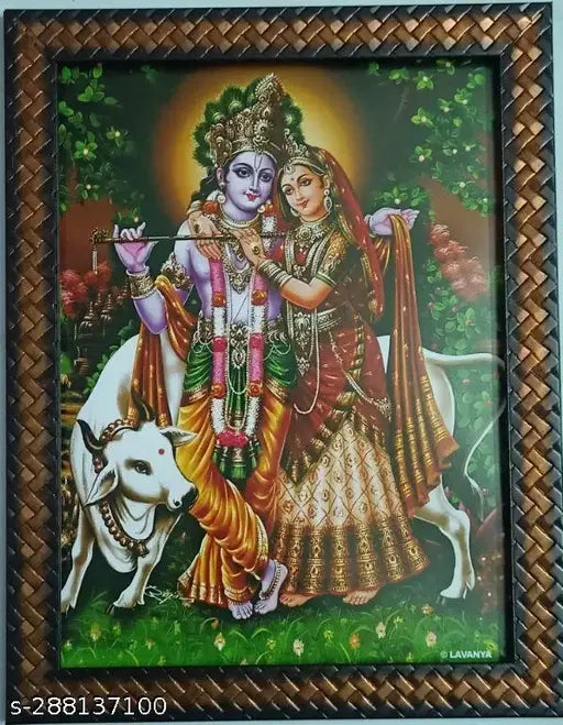 Radhey Radha Krishna Khanna Kannan with flute, cow-themed 9x12 inch photo frame, traditional Indian artifact