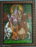 Radhey Radha Krishna Khanna Kannan with flute, cow-themed 9x12 inch photo frame, traditional Indian artifact