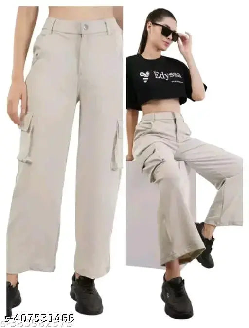 Women's solid bell bottom cargo cotton lycra pants, solid net design, XS-XL sizes
