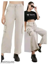 Women's solid bell bottom cargo cotton lycra pants, solid net design, XS-XL sizes