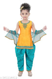 Embellished dupion silk A-line Kurta Set for Kids Girls, Patiala style with short sleeves, suitable for all seasons