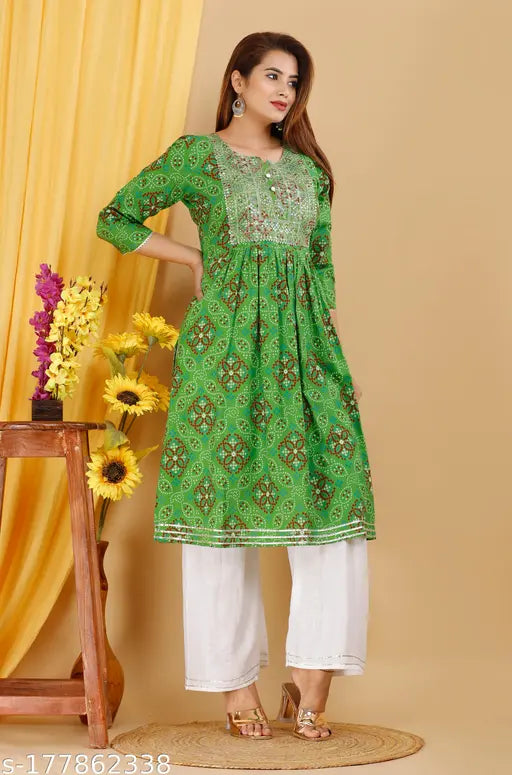 Radha rani cotton-rayon set, printed net bandhej chundri kurti with palazzos, vibrant Jaipuri embroidery on yoke