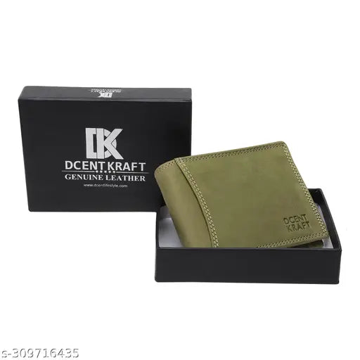 Genuine leather, green RFID-blocked coin pocket men's wallet with 7 slots, solid design