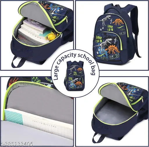 Blue polyester school backpack with dinosaur skeleton pattern, ideal for students from class 1 to 8