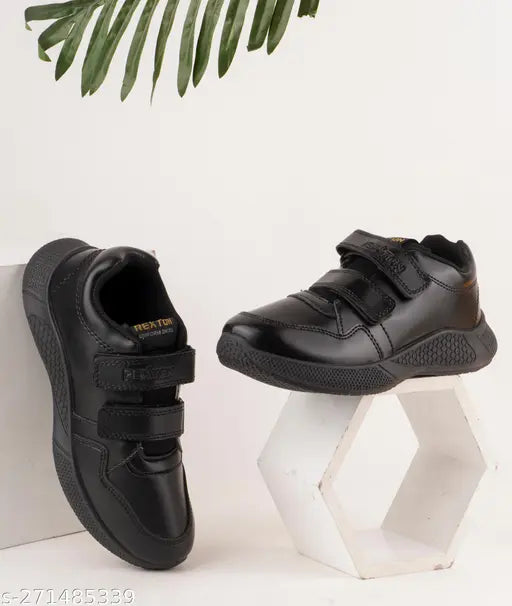 Synthetic black Tway school shoes for kids, slip-on design ideal for boys and girls aged 6-12, made in India