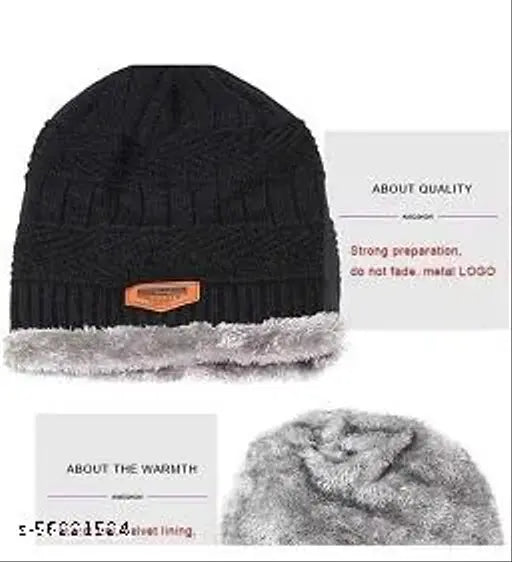 Black woolen textured beanie cap, premium winter essential for men and women, snow-proof inside fur, imported from India