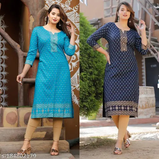 Rayon printed kurti combo pack for women's formal and casual wear, embroidered three-quarter sleeves