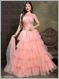 Peach color embroidered net choli and dupatta set, heavy lehnga with ruffled bottom and solid dupatta, free size, made in India