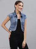 Blue washed checked crop denim jacket for women, cotton with short sleeves and contrast stitching