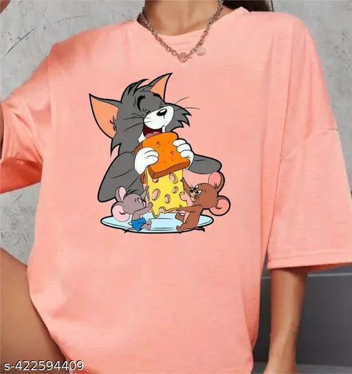 Classic retro printed cotton blend oversized round neck t-shirt for women and girls, short sleeves, vibrant pattern